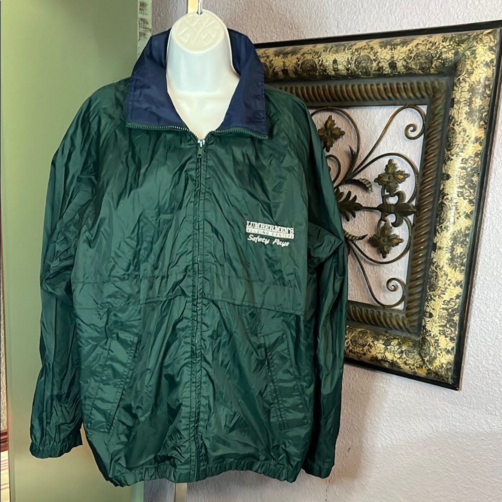 Top Gear Folding Hood Forest Green Windbreaker w/ Navy Collar & Full Zipper Sz M